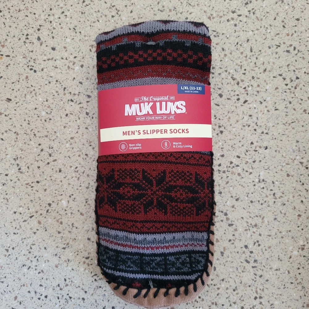 MUK LUKS Mens Slipper Cabin Socks Size L/XL 11-13 Warm Cozy Lining Non Slip Sole